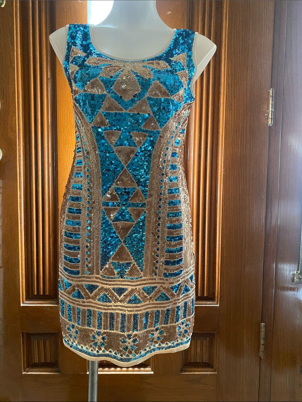 Sleeveless Turquoise & Gold Sequin Mini Dress